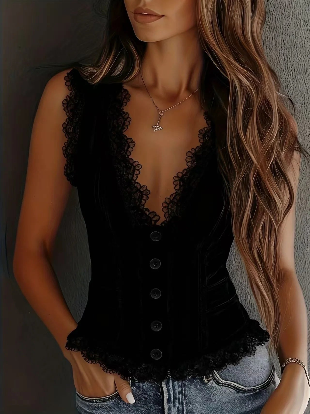 Lace V-neck Vest Top Summer Women's New Solid Color Western Cowboy Style Sexy Sleeveless Single-breasted Top Ropa Para Mujer - Trenches of Mariana