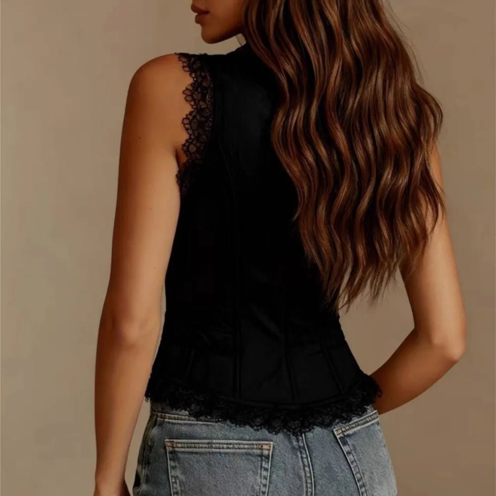 Lace V-neck Vest Top Summer Women's New Solid Color Western Cowboy Style Sexy Sleeveless Single-breasted Top Ropa Para Mujer - Trenches of Mariana