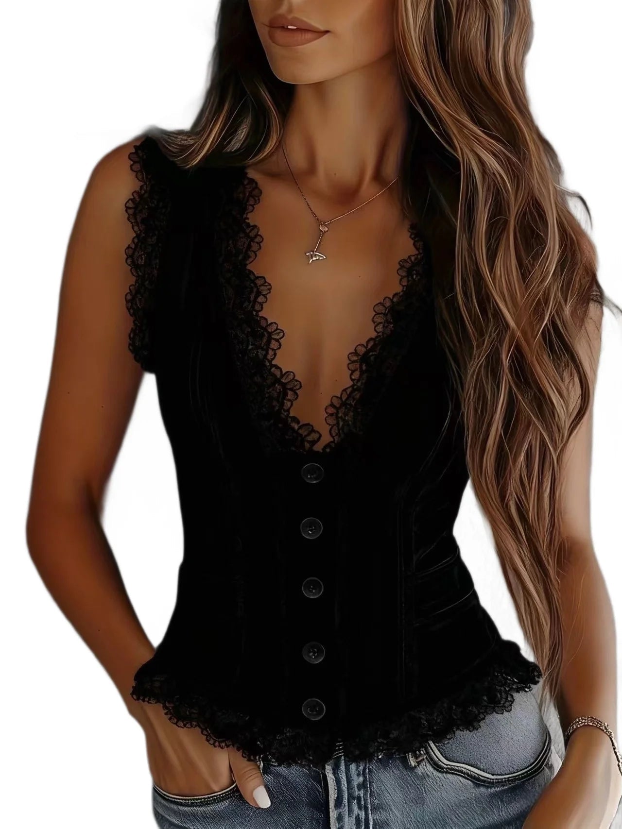 Lace V-neck Vest Top Summer Women's New Solid Color Western Cowboy Style Sexy Sleeveless Single-breasted Top Ropa Para Mujer - Trenches of Mariana