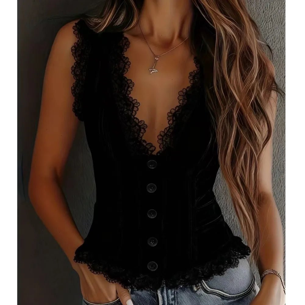Lace V-neck Vest Top Summer Women's New Solid Color Western Cowboy Style Sexy Sleeveless Single-breasted Top Ropa Para Mujer - Trenches of Mariana
