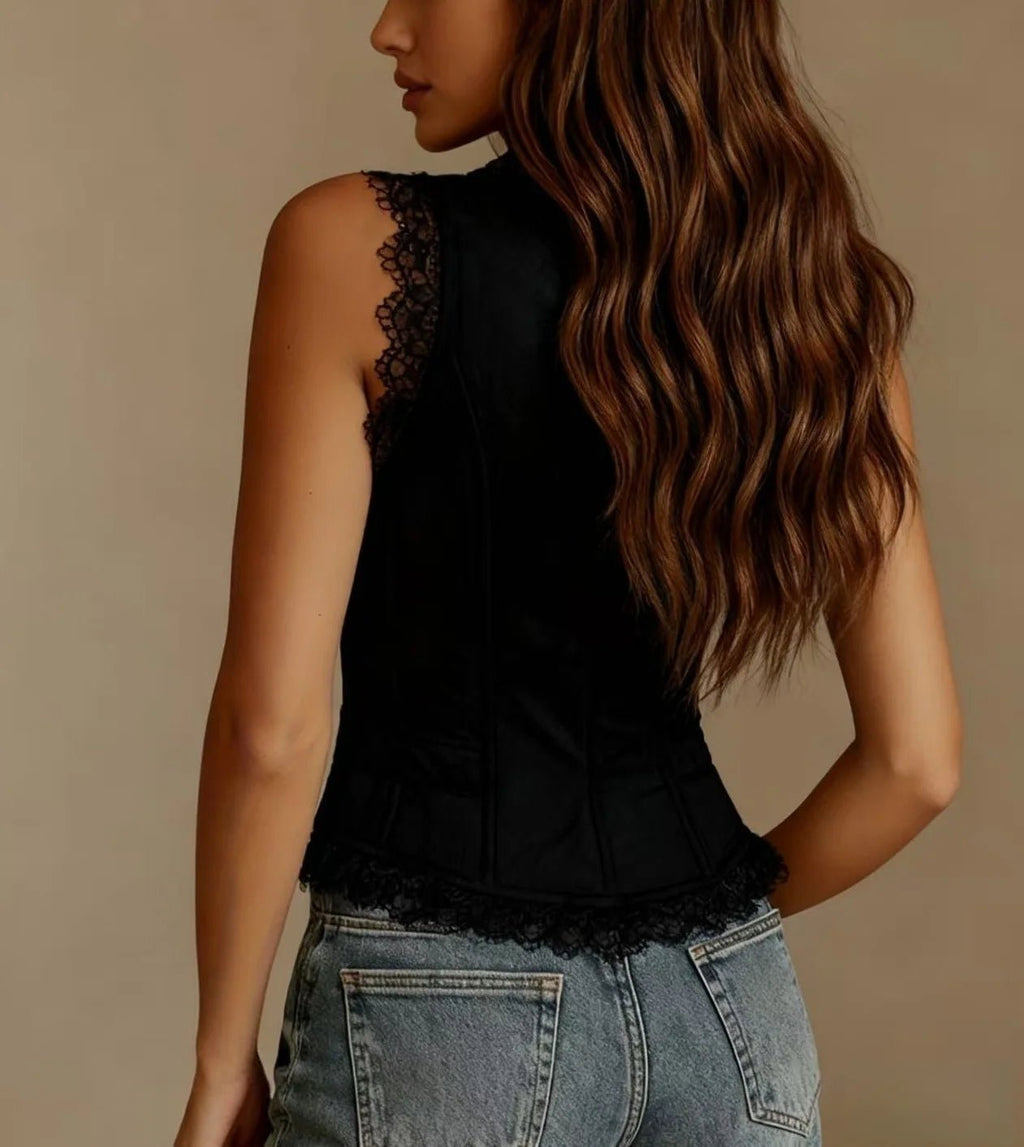 Lace V-neck Vest Top Summer Women's New Solid Color Western Cowboy Style Sexy Sleeveless Single-breasted Top Ropa Para Mujer - Trenches of Mariana
