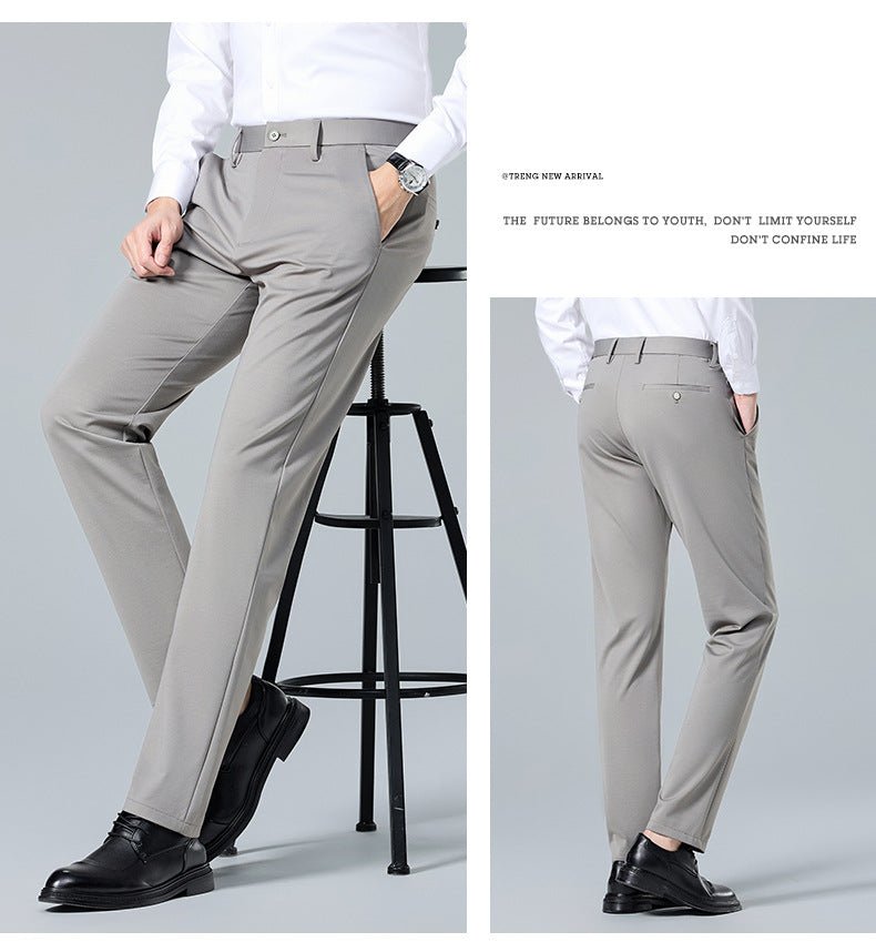 Men's casual trousers by Trenches of Mariana featuring mulberry silk, ice-feel fabric, wrinkle-free straight-leg design for summer.