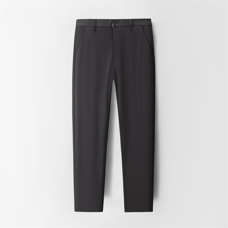 Men's casual trousers by Trenches of Mariana with mulberry silk, ice-feel, wrinkle-free straight-leg design, ideal for summer business wear.