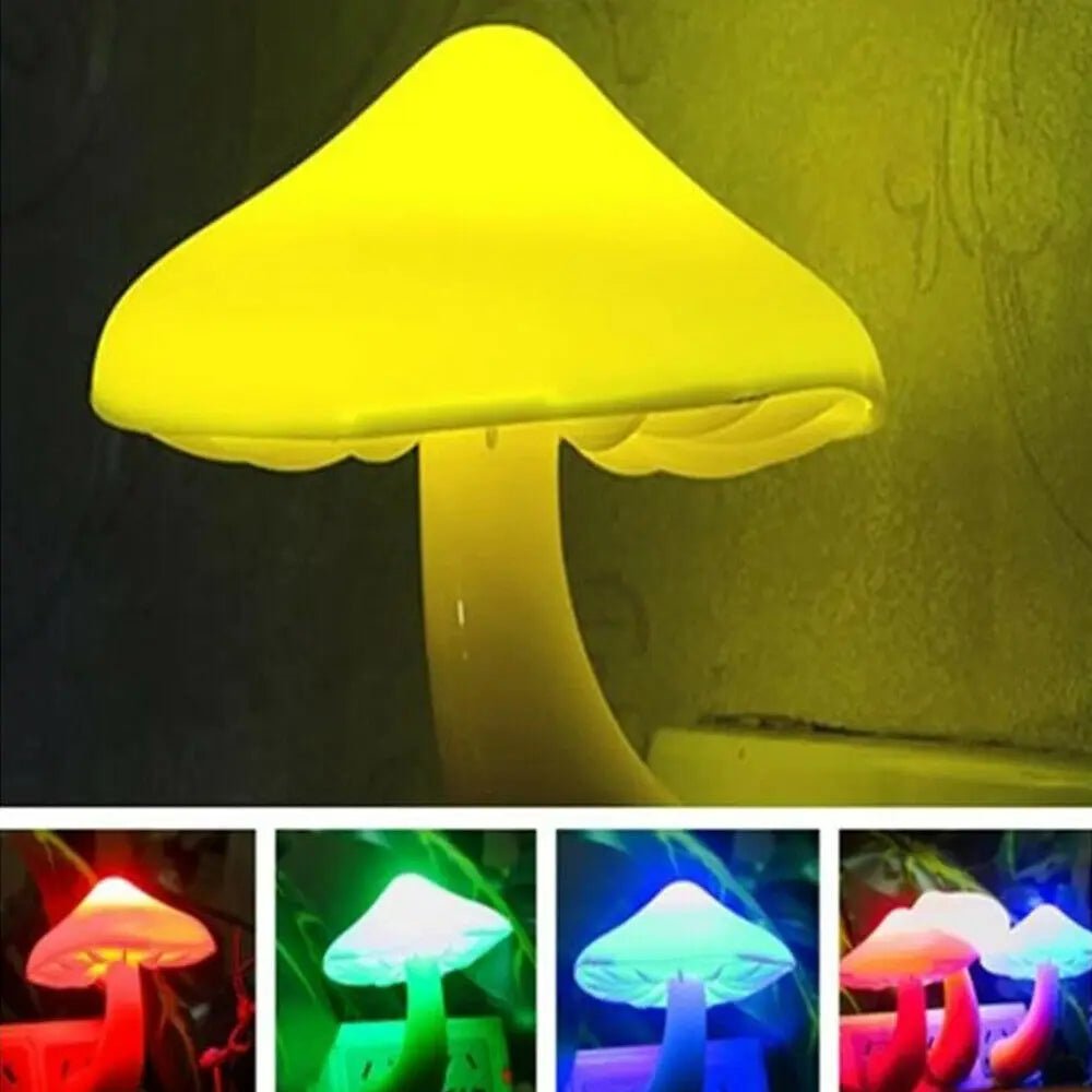 Trenches of Mariana night lite mushroom-shaped night light glowing softly in a dark room.