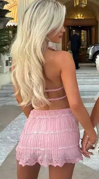 Pleated Halter Lace Up Top Women's Skirt Suits Women Sexy Ruffled Crop Top Lace Trim Mini Skirts 2026 Summer Lady Beach Outfit - Trenches of Mariana