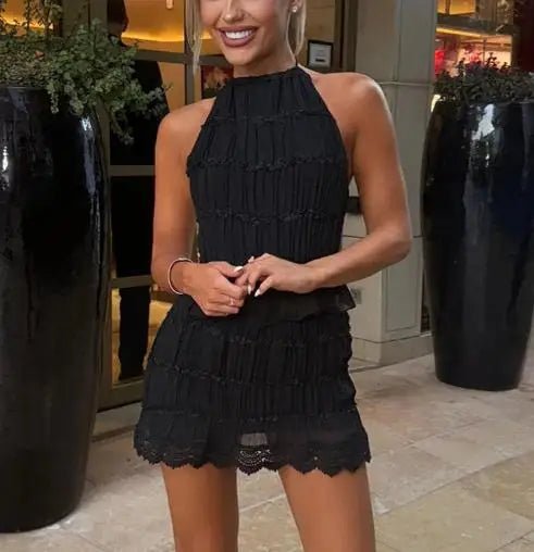 Pleated Halter Lace Up Top Women's Skirt Suits Women Sexy Ruffled Crop Top Lace Trim Mini Skirts 2026 Summer Lady Beach Outfit - Trenches of Mariana