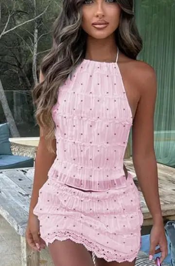 Pleated Halter Lace Up Top Women's Skirt Suits Women Sexy Ruffled Crop Top Lace Trim Mini Skirts 2026 Summer Lady Beach Outfit - Trenches of Mariana