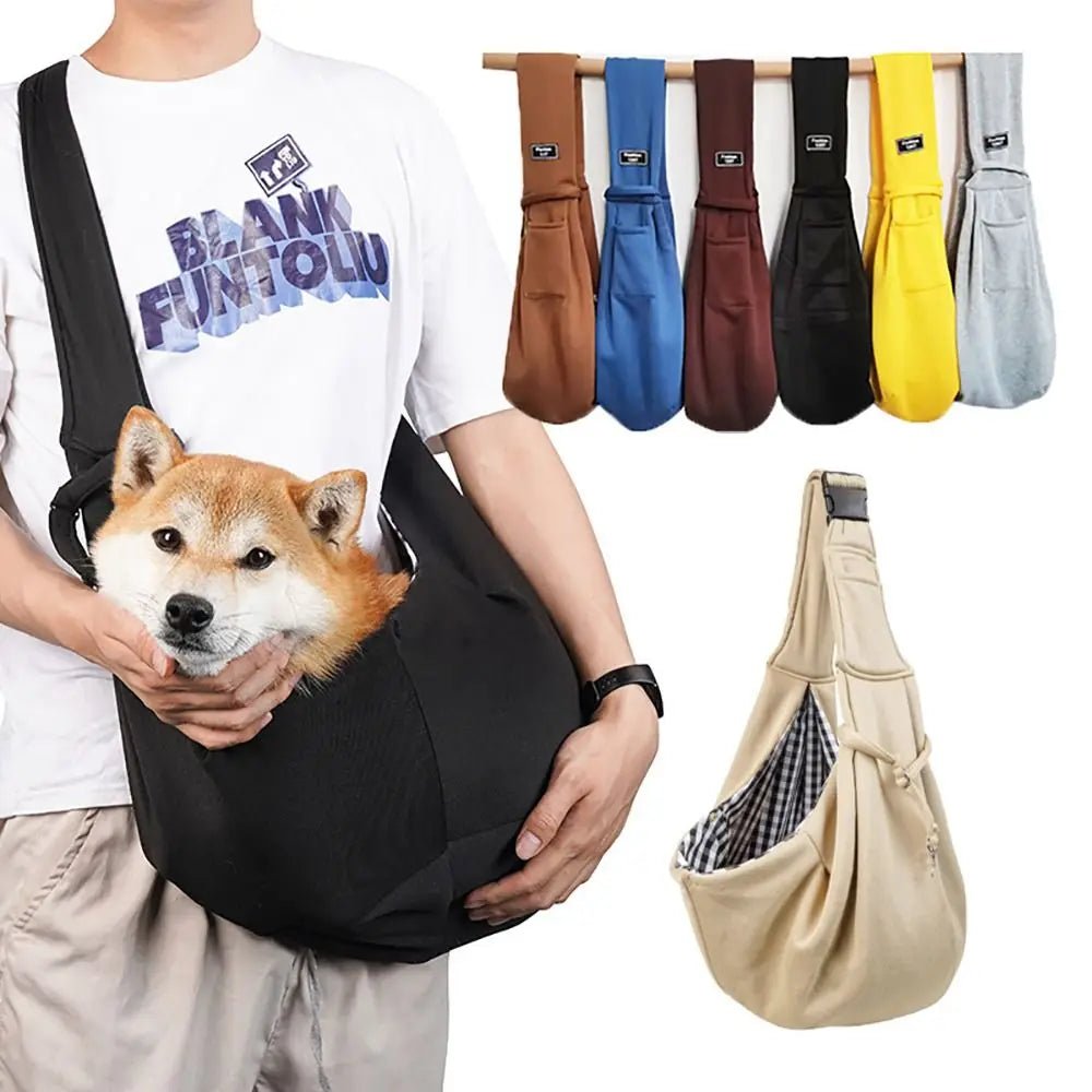 Trenches of Mariana puppy sling carrier bag showing a comfortable, adjustable strap and soft fabric for carrying small dogs.