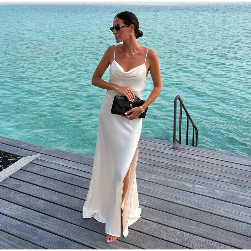 Sexy Backless Satin Women's Summer Dress V-neck Sleeveless Backless Slit Beach Sling Sundress 2026 Lady Chic Evening Party Robes - Trenches of Mariana