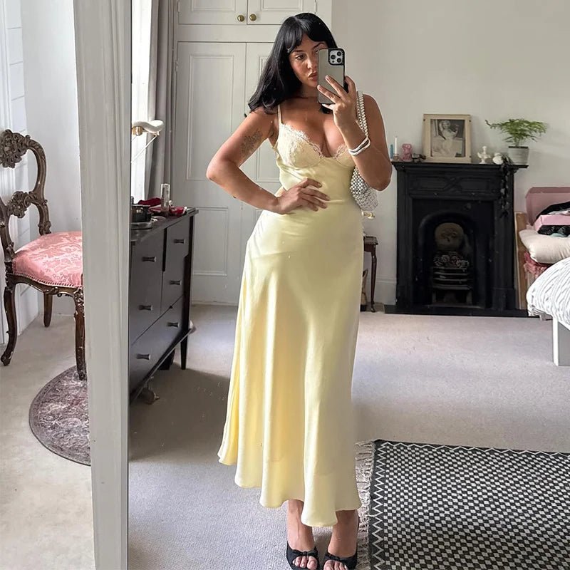 Sexy Backless Satin Women's Summer Dress V-neck Sleeveless Backless Slit Beach Sling Sundress 2026 Lady Chic Evening Party Robes - Trenches of Mariana
