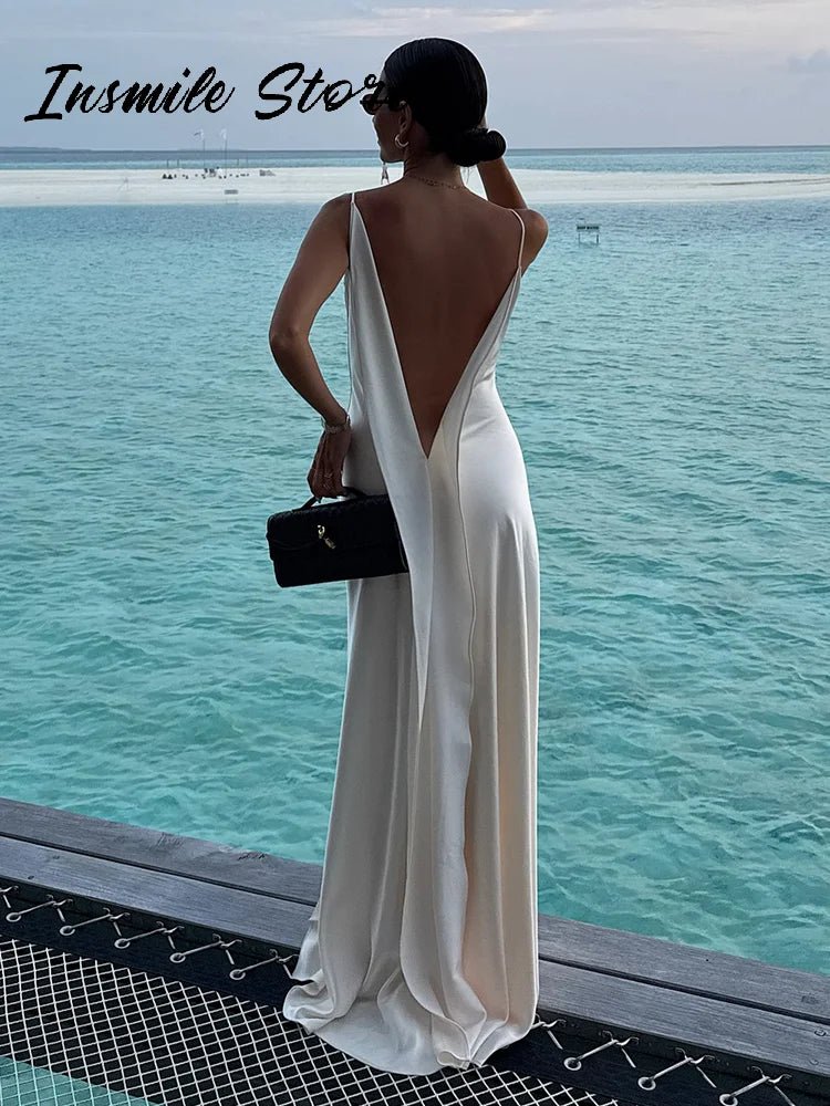Sexy Backless Satin Women's Summer Dress V-neck Sleeveless Backless Slit Beach Sling Sundress 2026 Lady Chic Evening Party Robes - Trenches of Mariana
