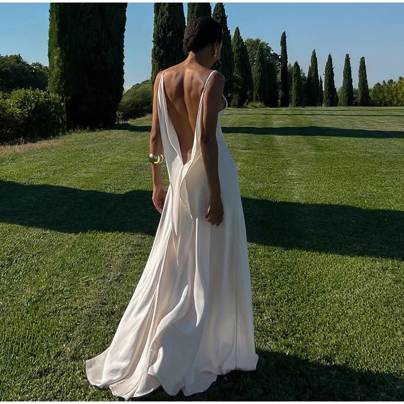 Sexy Backless Satin Women's Summer Dress V-neck Sleeveless Backless Slit Beach Sling Sundress 2026 Lady Chic Evening Party Robes - Trenches of Mariana