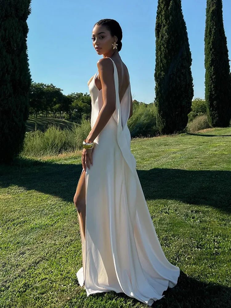 Sexy Backless Satin Women's Summer Dress V-neck Sleeveless Backless Slit Beach Sling Sundress 2026 Lady Chic Evening Party Robes - Trenches of Mariana