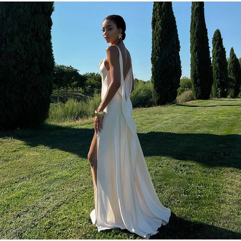 Sexy Backless Satin Women's Summer Dress V-neck Sleeveless Backless Slit Beach Sling Sundress 2026 Lady Chic Evening Party Robes - Trenches of Mariana