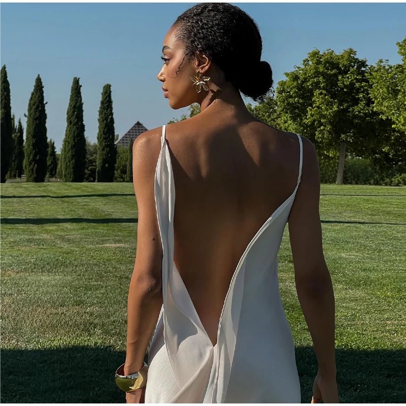 Sexy Backless Satin Women's Summer Dress V-neck Sleeveless Backless Slit Beach Sling Sundress 2026 Lady Chic Evening Party Robes - Trenches of Mariana