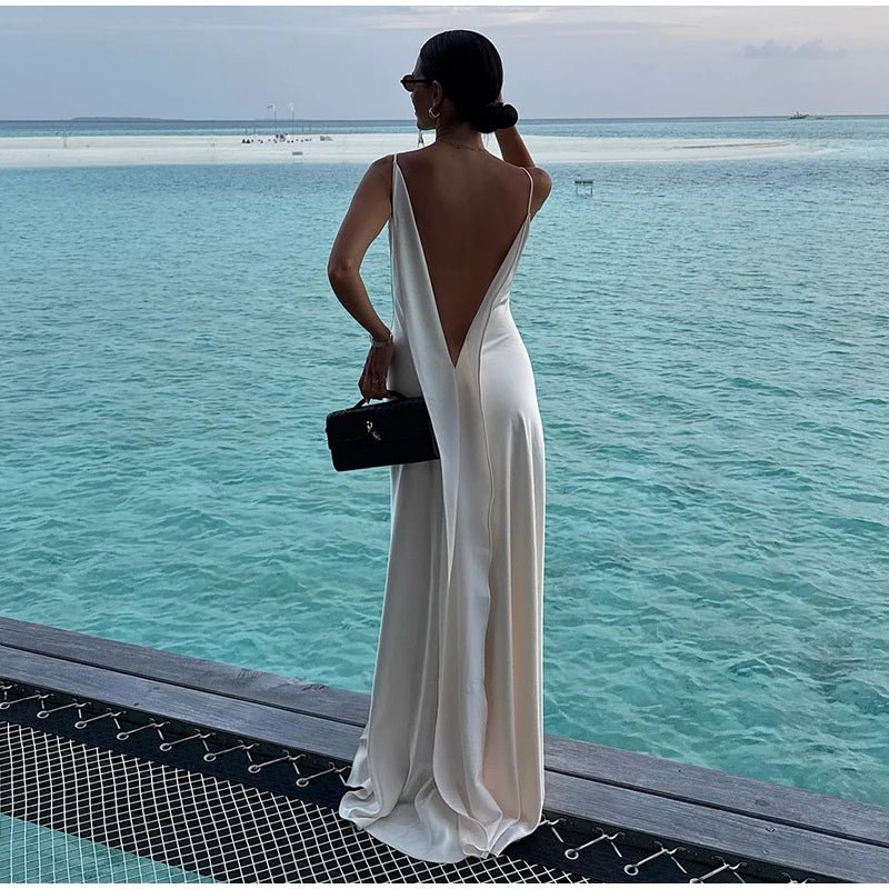 Sexy Backless Satin Women's Summer Dress V-neck Sleeveless Backless Slit Beach Sling Sundress 2026 Lady Chic Evening Party Robes - Trenches of Mariana