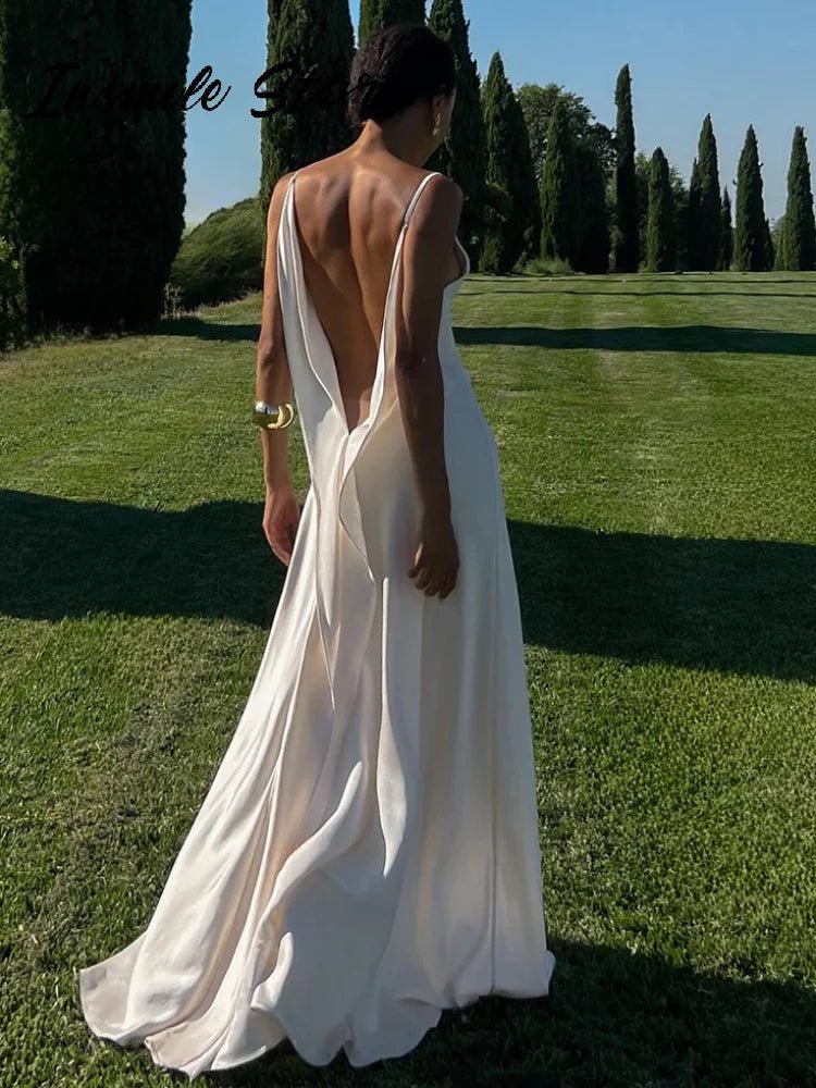 Sexy Backless Satin Women's Summer Dress V-neck Sleeveless Backless Slit Beach Sling Sundress 2026 Lady Chic Evening Party Robes - Trenches of Mariana
