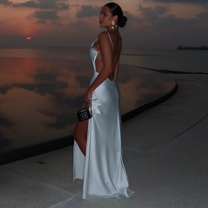 Sexy Backless Satin Women's Summer Dress V-neck Sleeveless Backless Slit Beach Sling Sundress 2026 Lady Chic Evening Party Robes - Trenches of Mariana