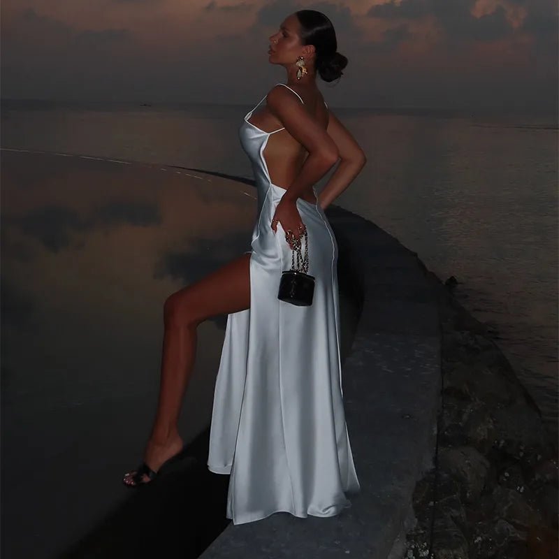Sexy Backless Satin Women's Summer Dress V-neck Sleeveless Backless Slit Beach Sling Sundress 2026 Lady Chic Evening Party Robes - Trenches of Mariana