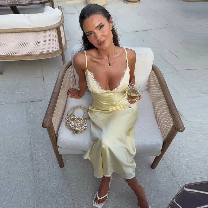 Sexy Backless Satin Women's Summer Dress V-neck Sleeveless Backless Slit Beach Sling Sundress 2026 Lady Chic Evening Party Robes - Trenches of Mariana