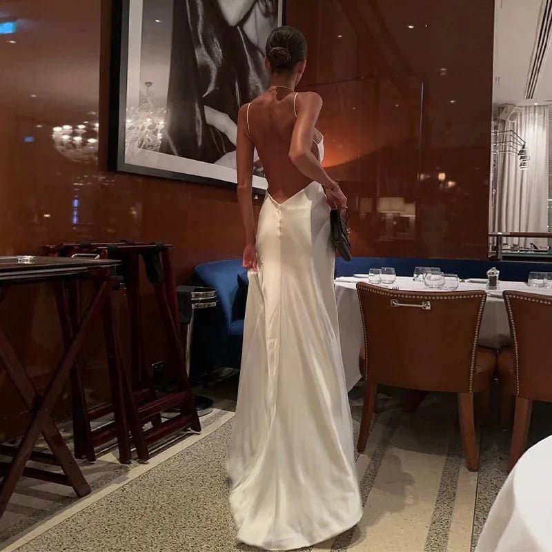 Sexy Backless Satin Women's Summer Dress V-neck Sleeveless Backless Slit Beach Sling Sundress 2026 Lady Chic Evening Party Robes - Trenches of Mariana