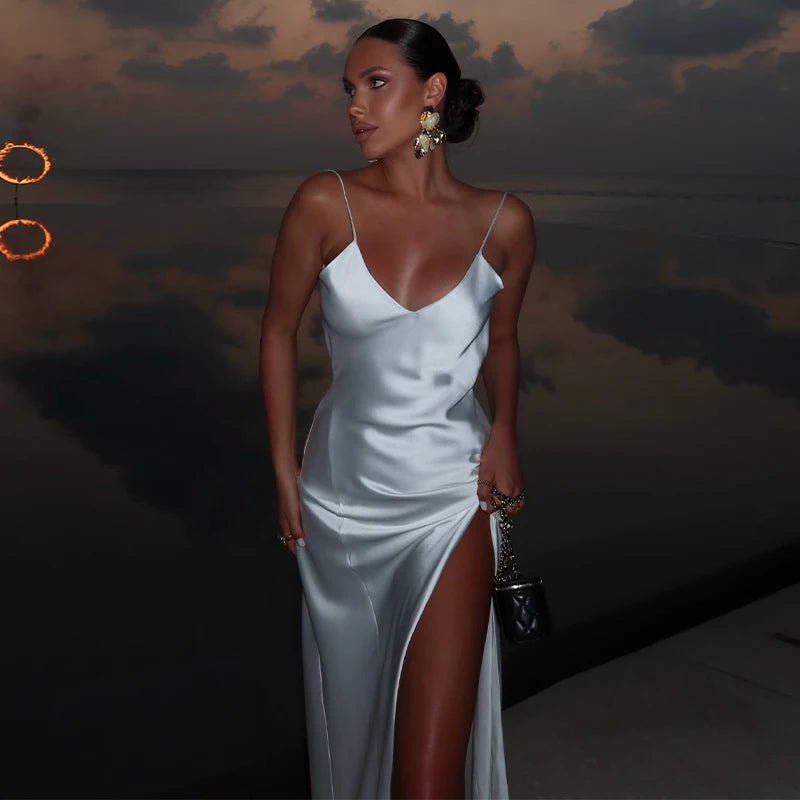Sexy Backless Satin Women's Summer Dress V-neck Sleeveless Backless Slit Beach Sling Sundress 2026 Lady Chic Evening Party Robes - Trenches of Mariana