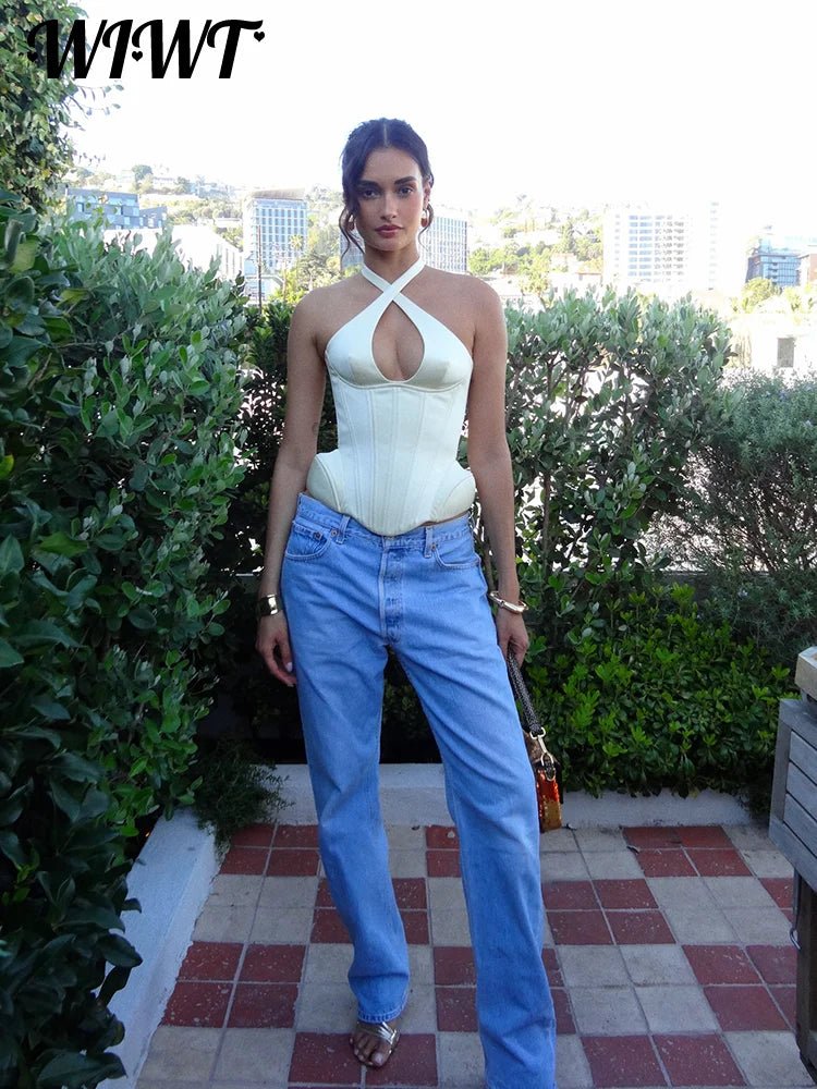 Sexy Hollow-out Fishbone Tank Tops 2026 Summer New Female Solid Halter Lace-up Backless Sleeveless Vest Women's Slim Clubwear - Trenches of Mariana