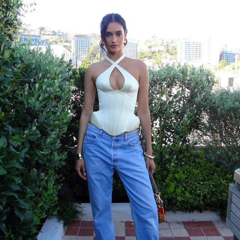 Sexy Hollow-out Fishbone Tank Tops 2026 Summer New Female Solid Halter Lace-up Backless Sleeveless Vest Women's Slim Clubwear - Trenches of Mariana