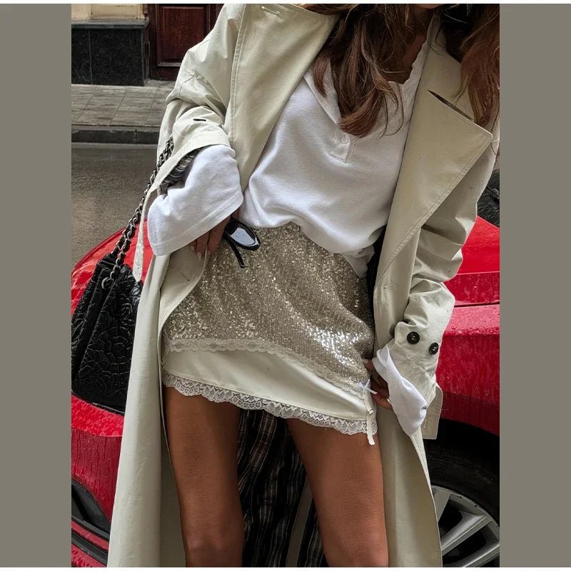Sexy Lace Trim Irregular Hem Top Sequin Skirt Set Satin Split Patchwork Backless Sling Tops Mini Skirts 2026 Summer Lady Suit - Trenches of Mariana