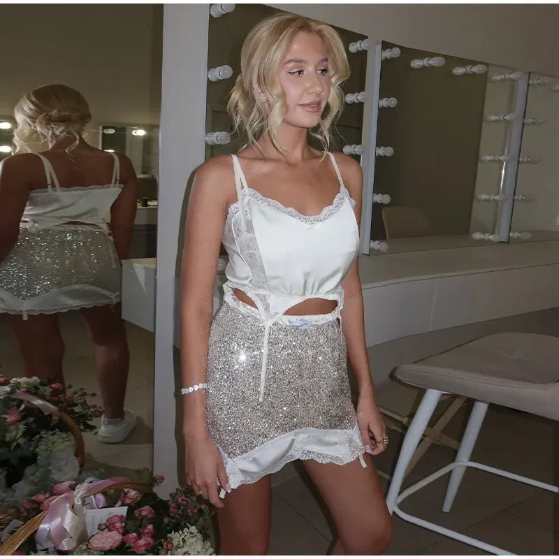 Sexy Lace Trim Irregular Hem Top Sequin Skirt Set Satin Split Patchwork Backless Sling Tops Mini Skirts 2026 Summer Lady Suit - Trenches of Mariana