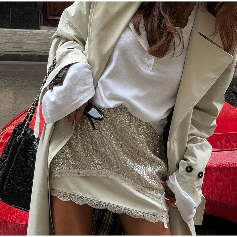 Sexy Lace Trim Irregular Hem Top Sequin Skirt Set Satin Split Patchwork Backless Sling Tops Mini Skirts 2026 Summer Lady Suit - Trenches of Mariana
