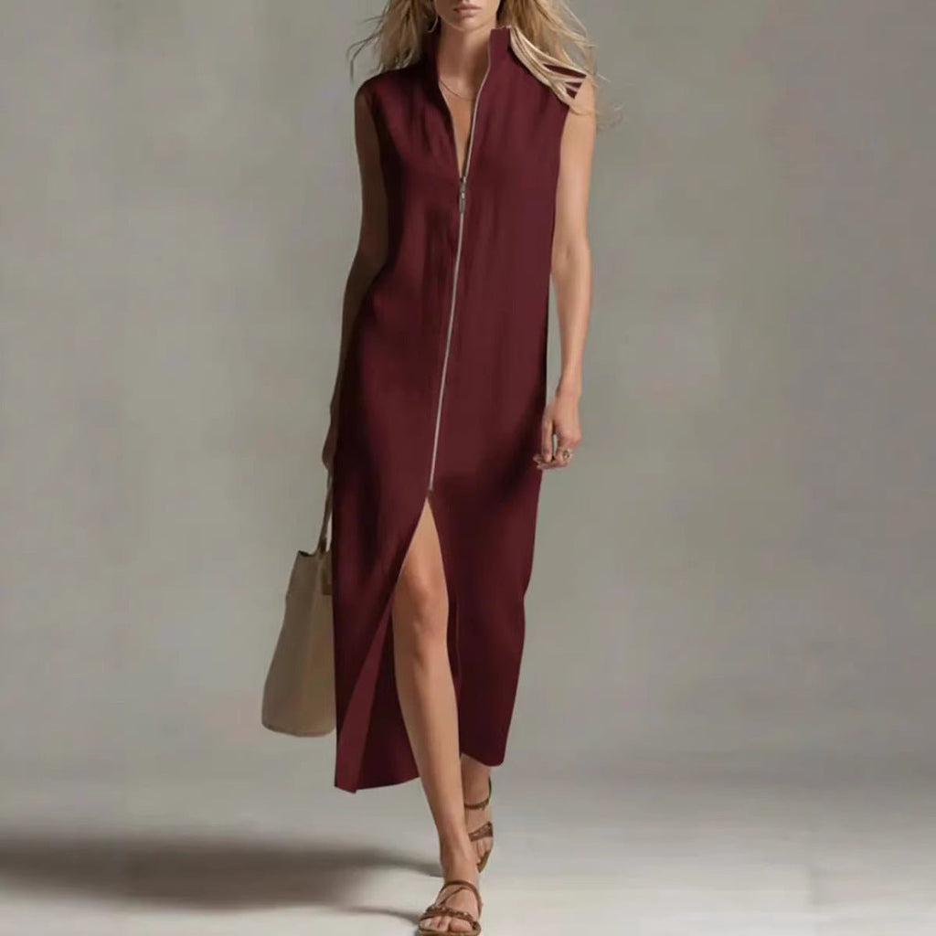 Sleeveless Zip-Up Stand Collar Casual Dress - Trenches of Mariana