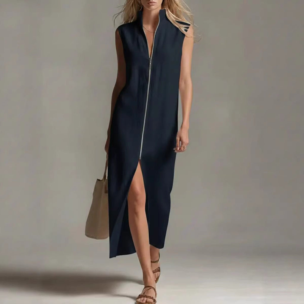 Sleeveless Zip-Up Stand Collar Casual Dress - Trenches of Mariana