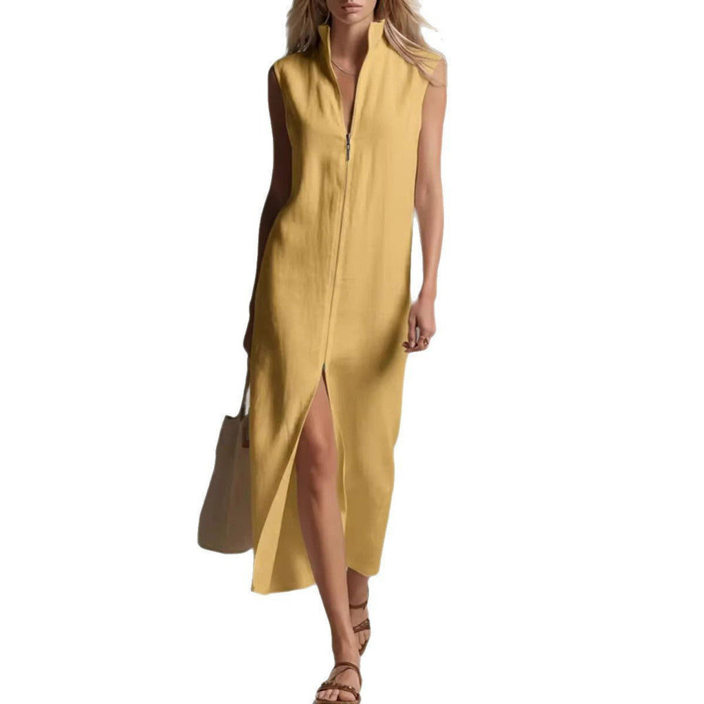 Sleeveless Zip-Up Stand Collar Casual Dress - Trenches of Mariana