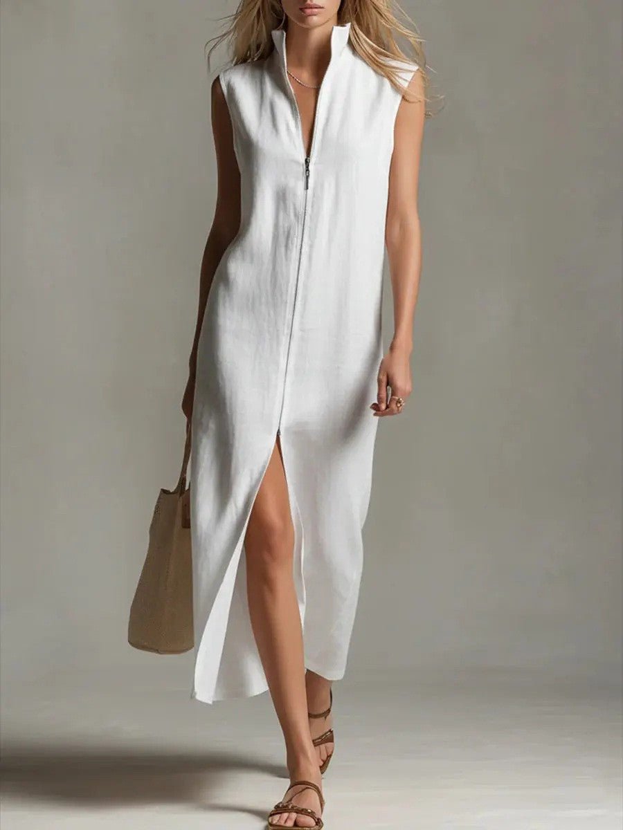 Sleeveless Zip-Up Stand Collar Casual Dress - Trenches of Mariana