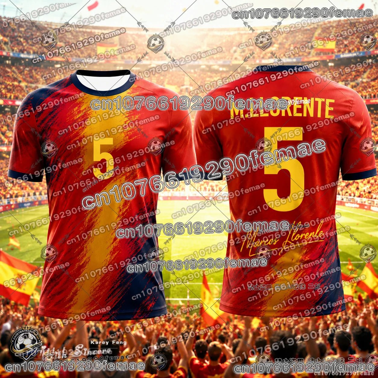 Spain team jersey by Trenches of Mariana, featuring the iconic red and yellow design with team logo and football-inspired details.