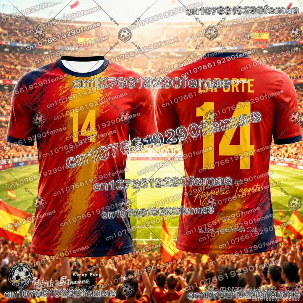 Spain team jersey by Trenches of Mariana featuring the national team logo and vibrant red and yellow colors.