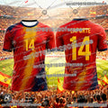 Spain team jersey by Trenches of Mariana featuring the national team logo and vibrant red and yellow colors.