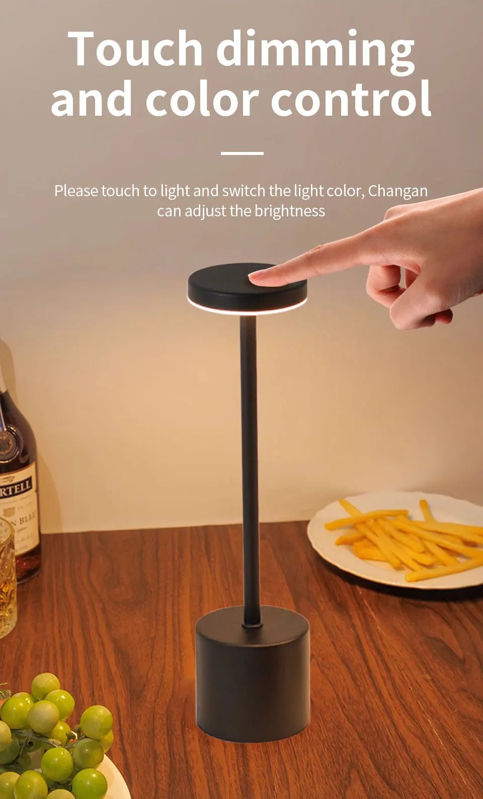 Touch control lamp by Trenches of Mariana with a modern design, featuring a sleek base and illuminated touch-sensitive surface.