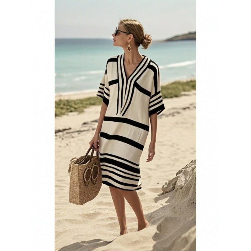 Womens V-Neck Striped Dress Loose Beach Casual Summer Dress - Trenches of Mariana