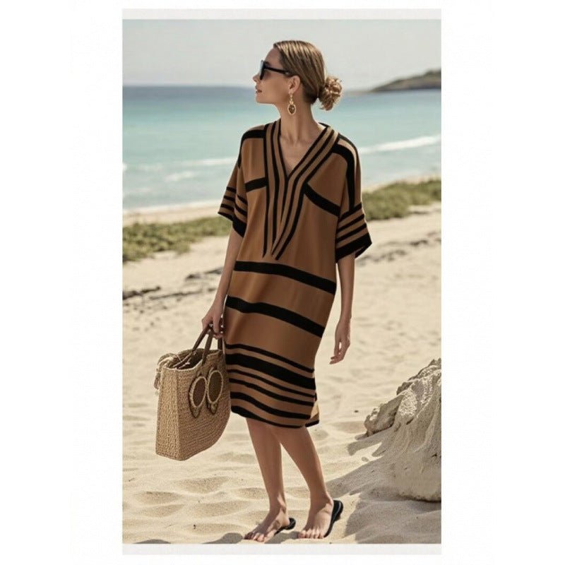 Womens V-Neck Striped Dress Loose Beach Casual Summer Dress - Trenches of Mariana