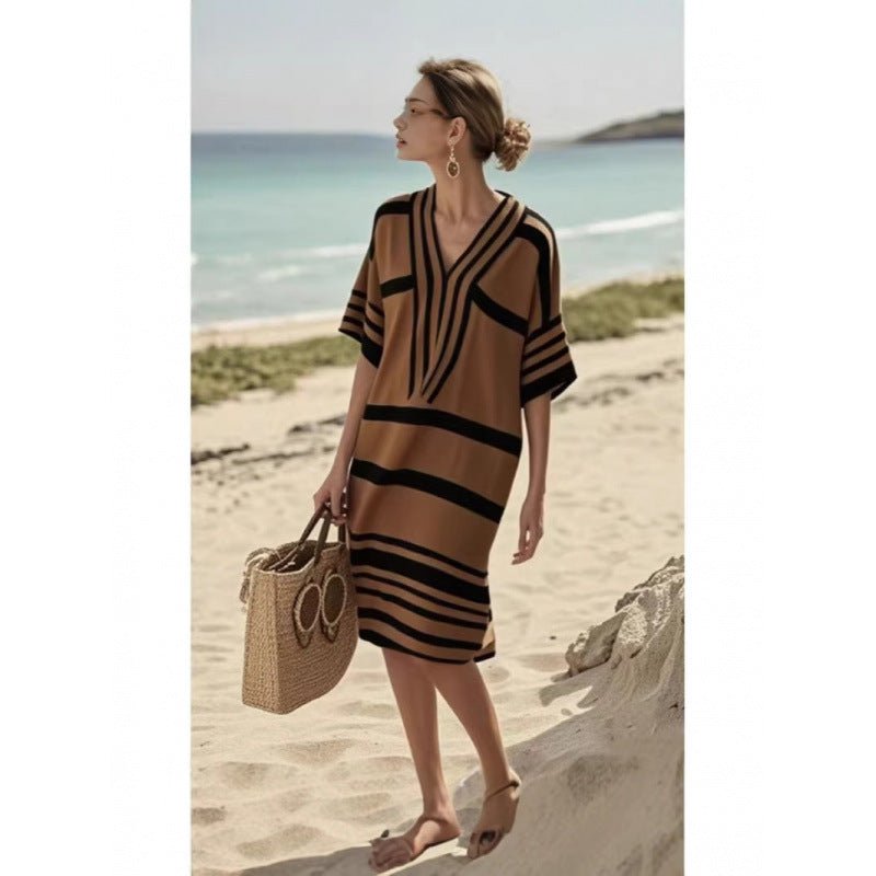 Womens V-Neck Striped Dress Loose Beach Casual Summer Dress - Trenches of Mariana