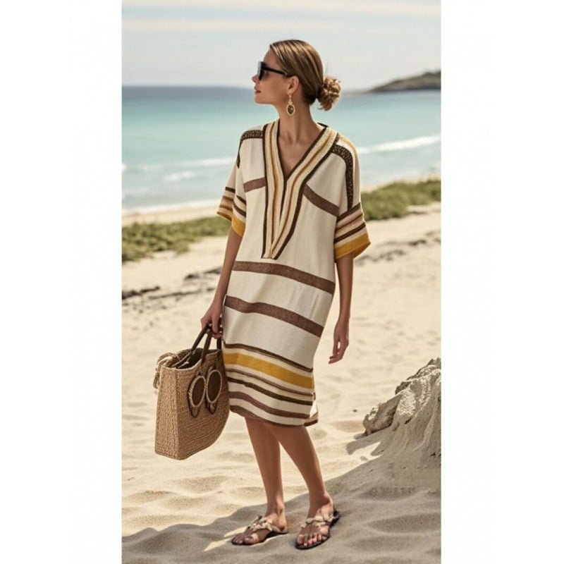 Womens V-Neck Striped Dress Loose Beach Casual Summer Dress - Trenches of Mariana