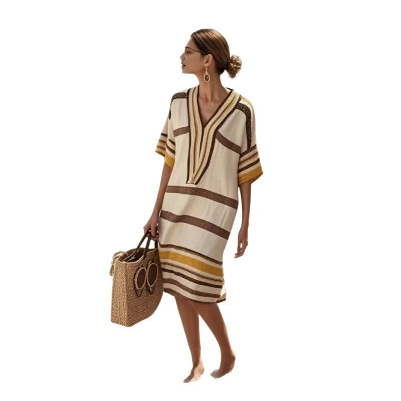 Womens V-Neck Striped Dress Loose Beach Casual Summer Dress - Trenches of Mariana